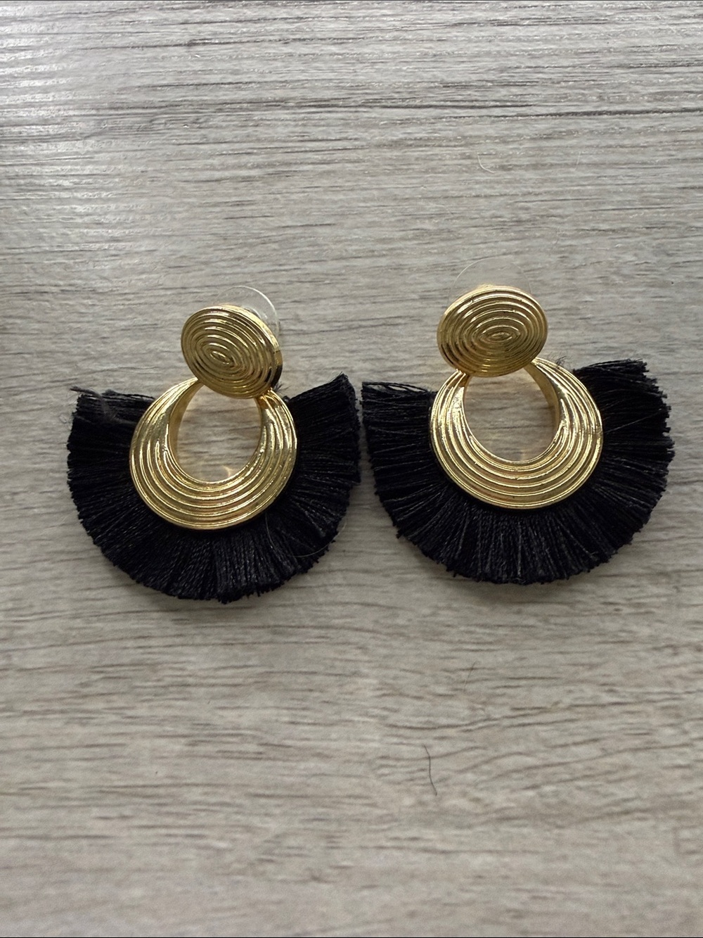 Gold and Black Fan Tassel Statement Earrings